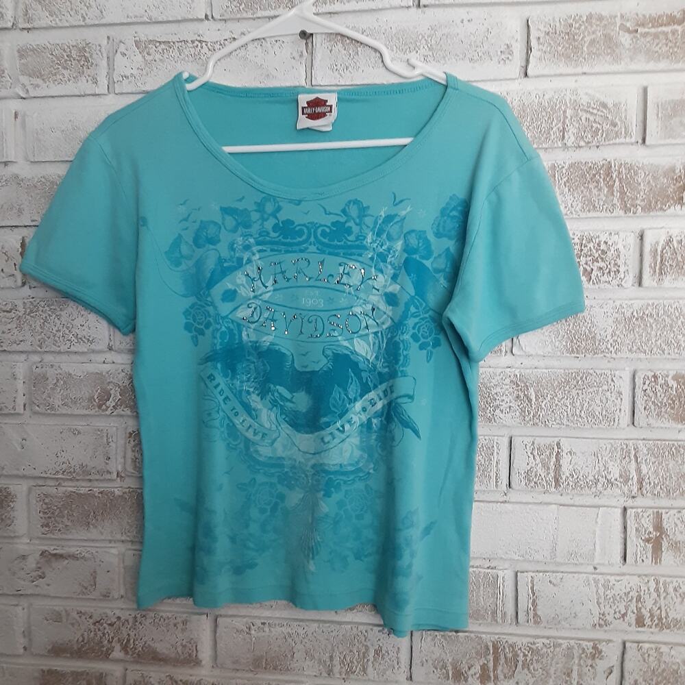 Vintage Harley Davidson Myrtle Beach Tee sz L Rhinestones Logo Blue